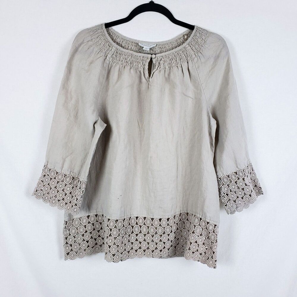 Charter Club Linen Rustic Bohemian Peasant Top Womens L Crochet Lace Smocked